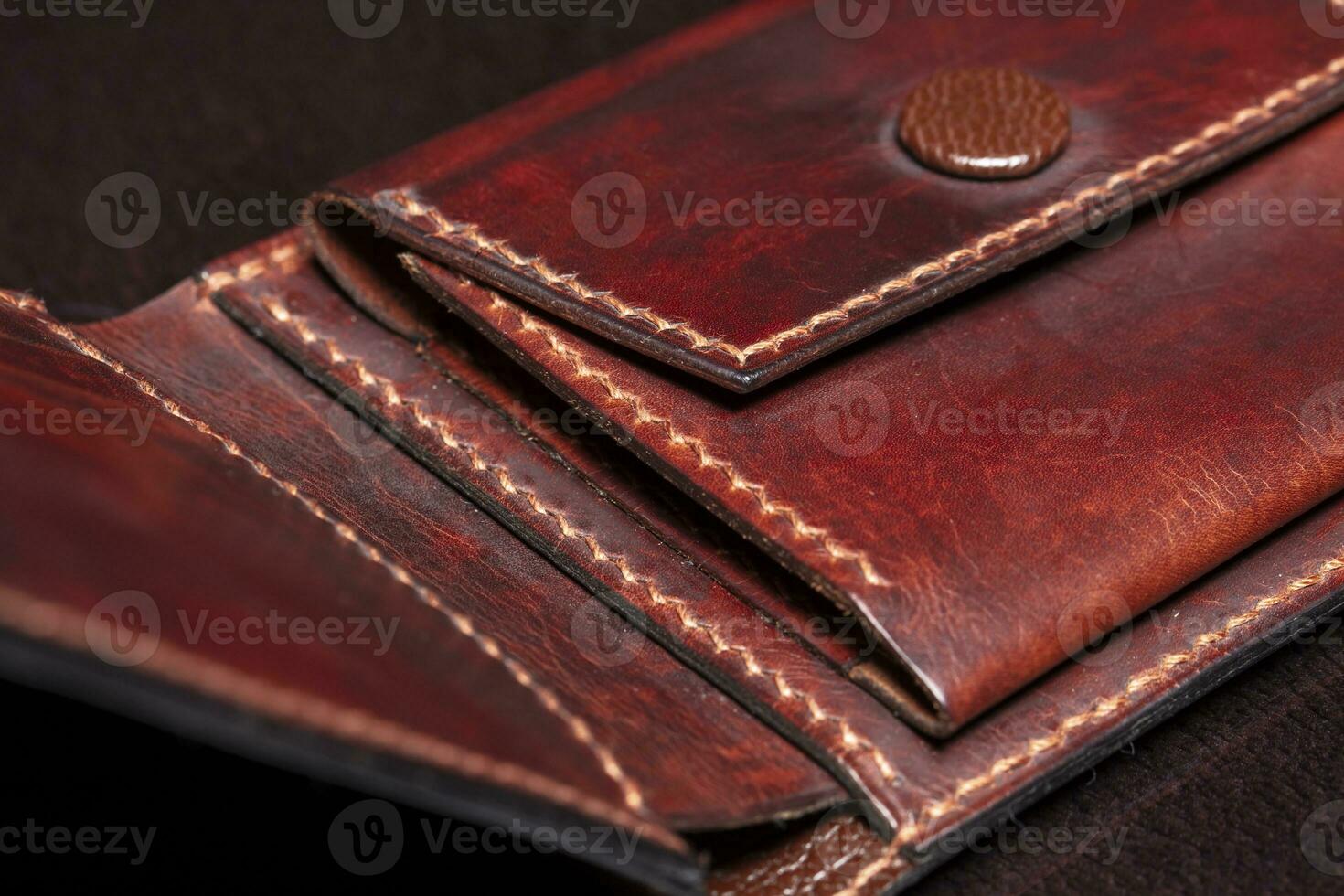 Part of a brown leather wallet or purse close-up. photo