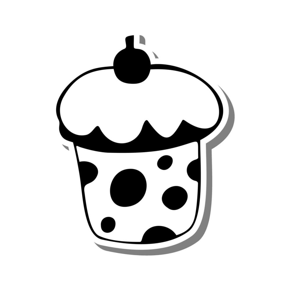 Monochrome Cupcake with Cherry on white silhouette and Gray shadow. Vector illustration for decoration or any design.