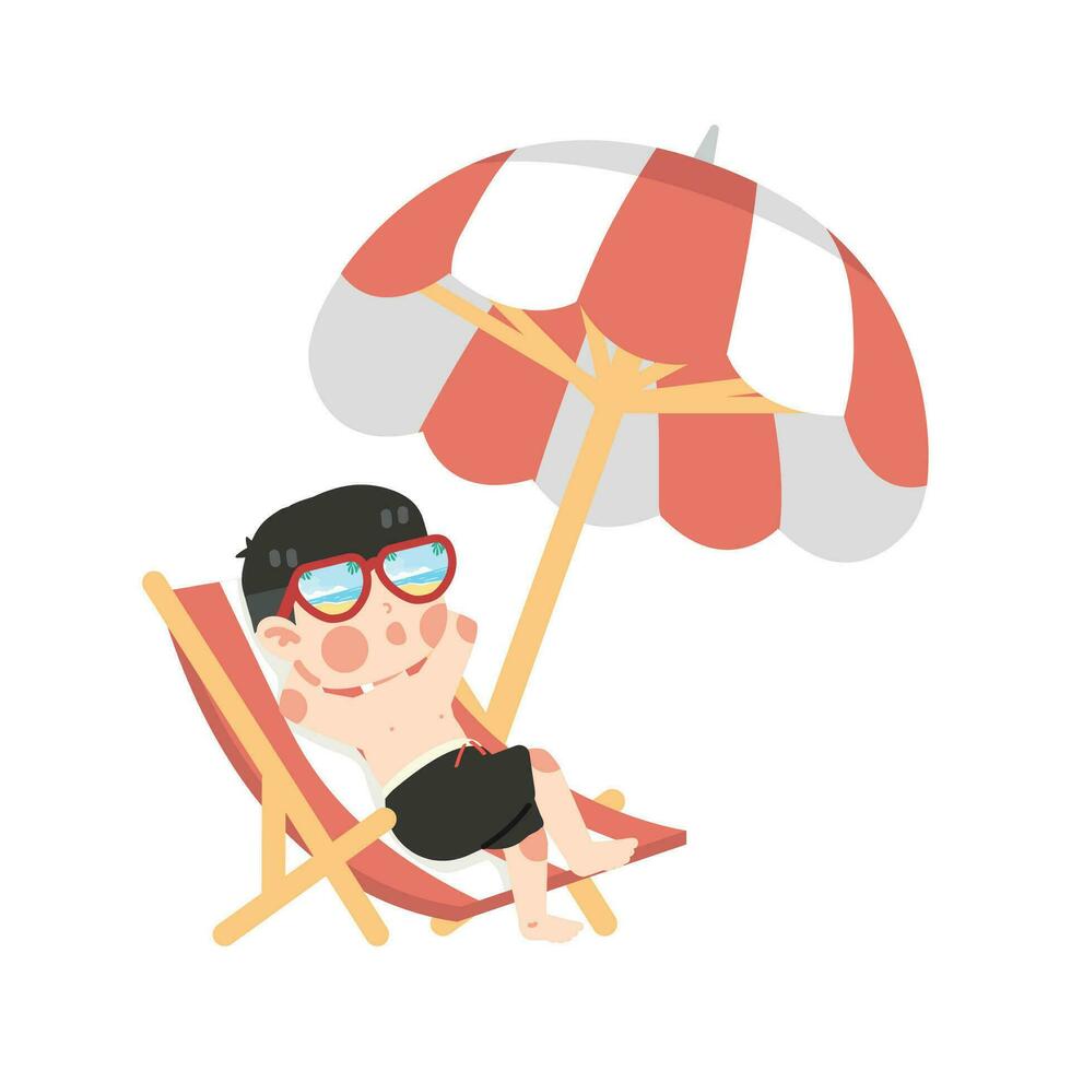 niño relajarse sentar en un playa silla vector