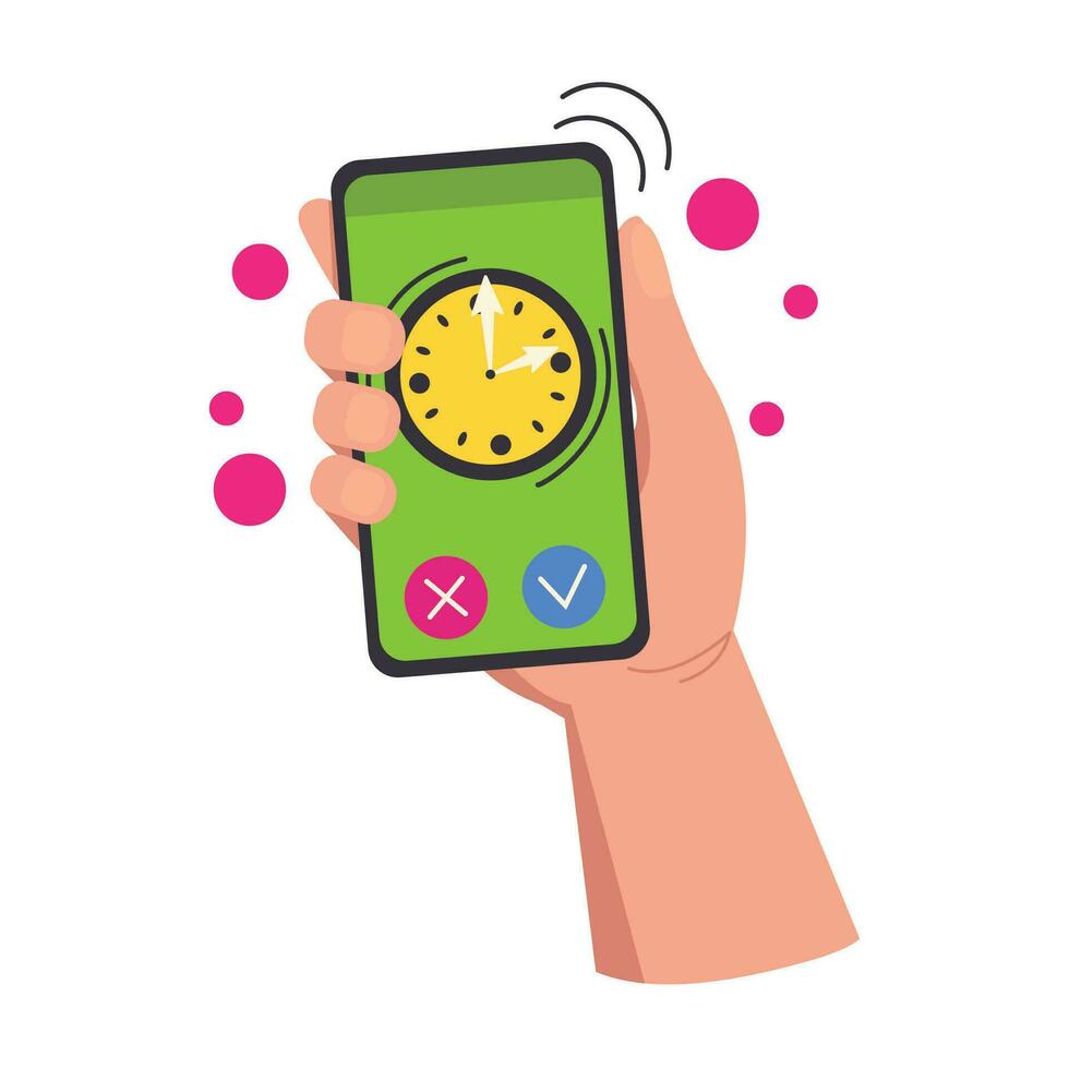 Illustration of a hand holding a phone with a clock and a ringing alarm clock. Vector graphic.