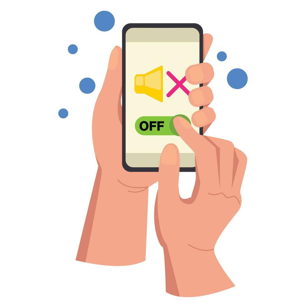 Illustration of two hands holding a phone turn off the sound on the phone. Vector graphic.