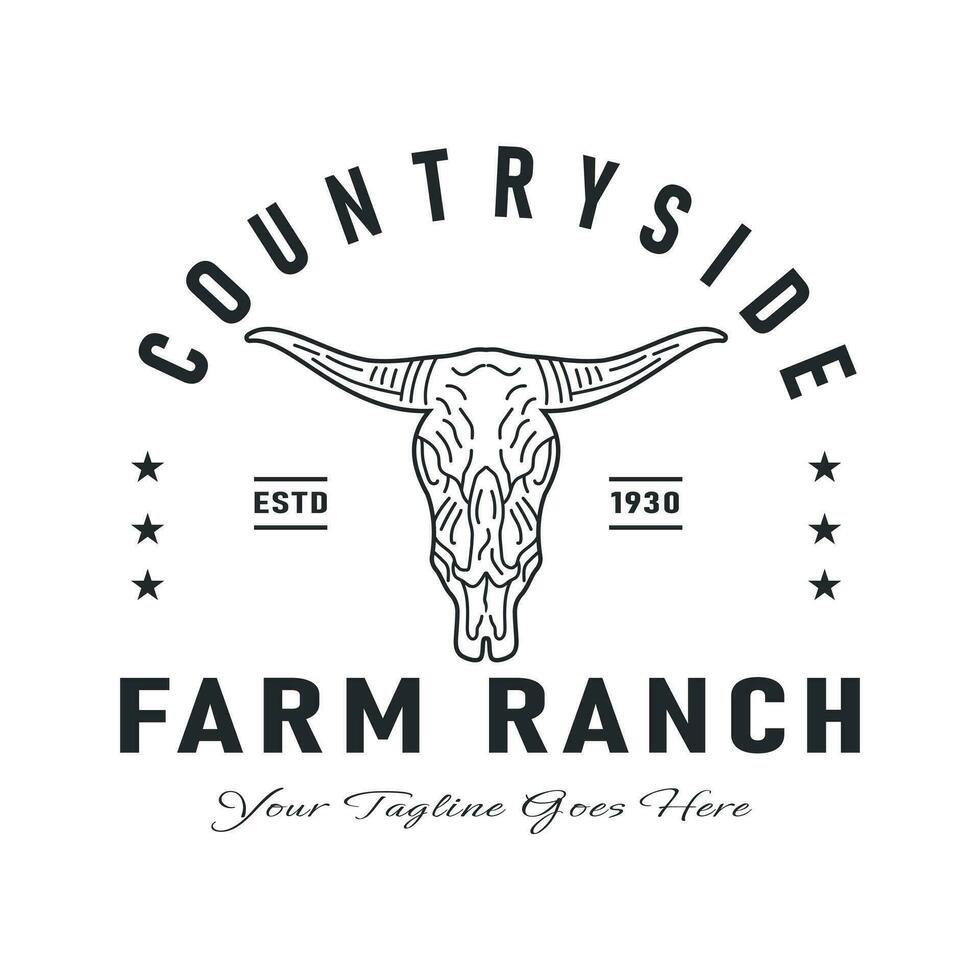Vintage Retro Longhorn skull Bull Buffalo Cow for Western Countryside Farm Ranch Country logo design vector