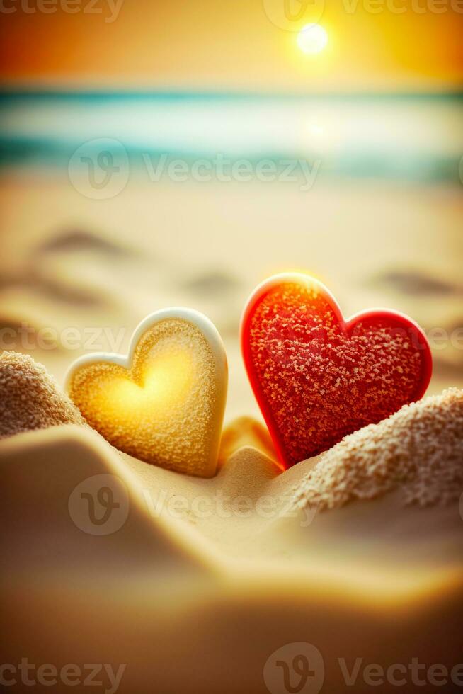 Two heart shaped cookies sitting on top of sandy beach next to the ocean. Generative AI photo