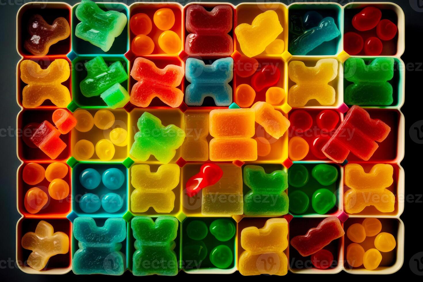 Bunch of gummy bears are in plastic container with gummy bears in it. photo