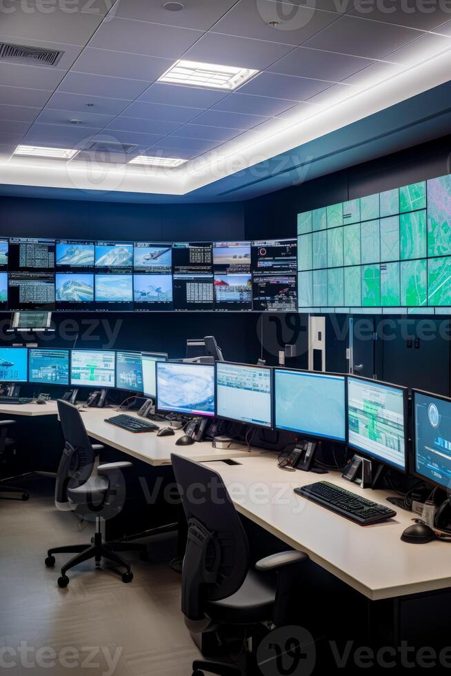 Room filled with lots of computer monitors and monitors on wall above desk. Generative AI photo