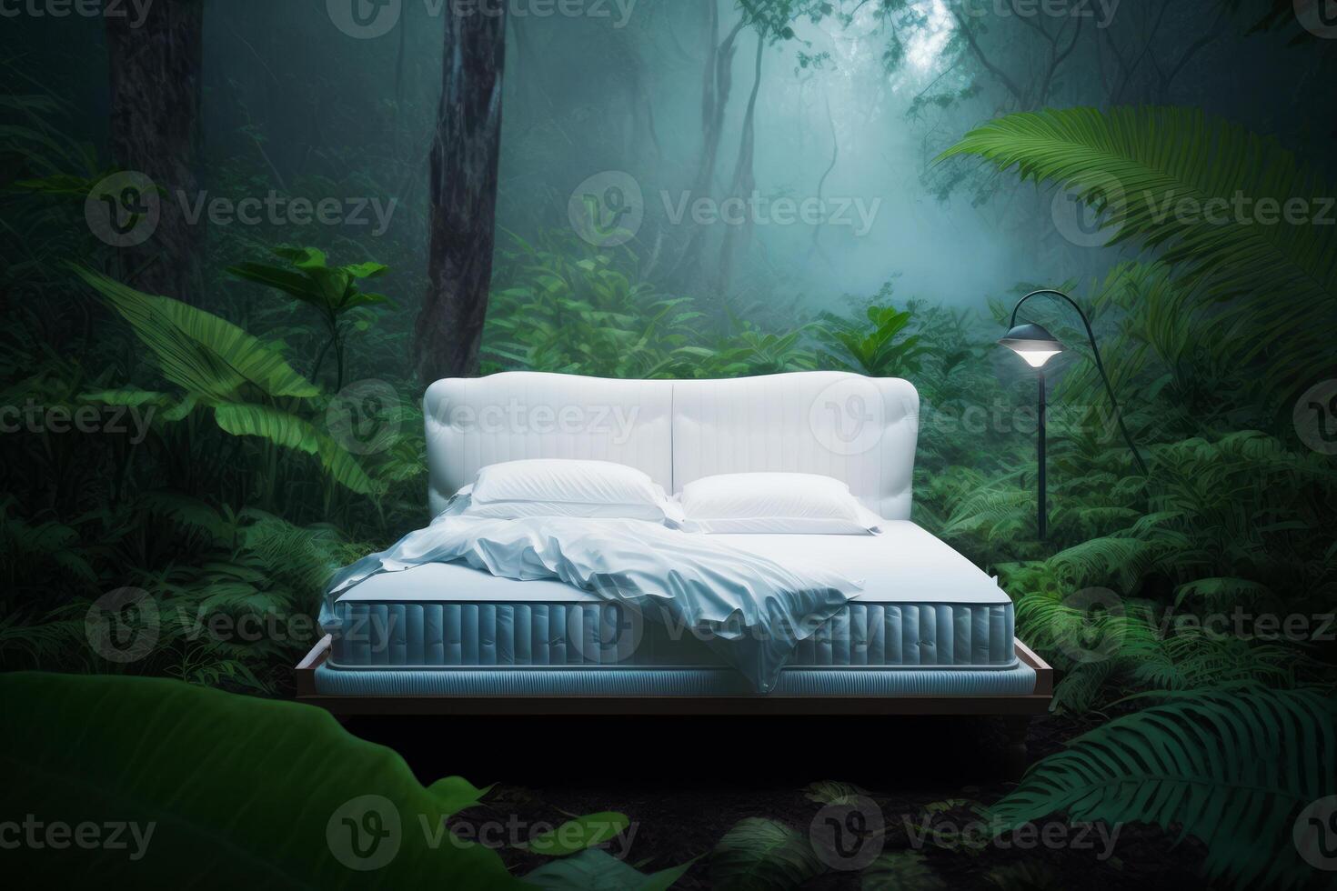 An image of bed in the middle of forest. photo