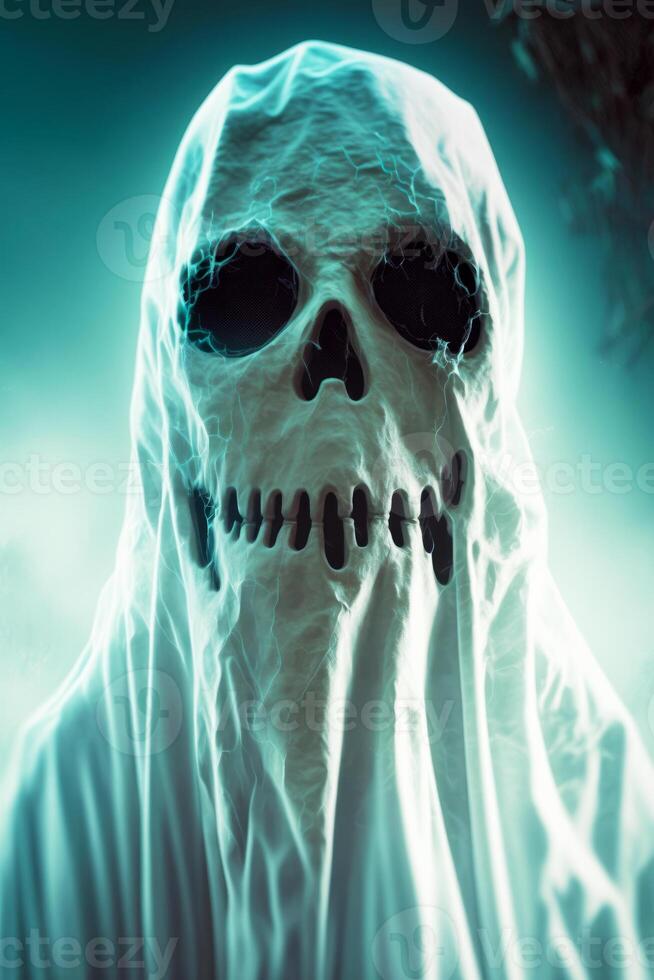Skeleton wearing white robe with black eyes and hood on it's head. photo