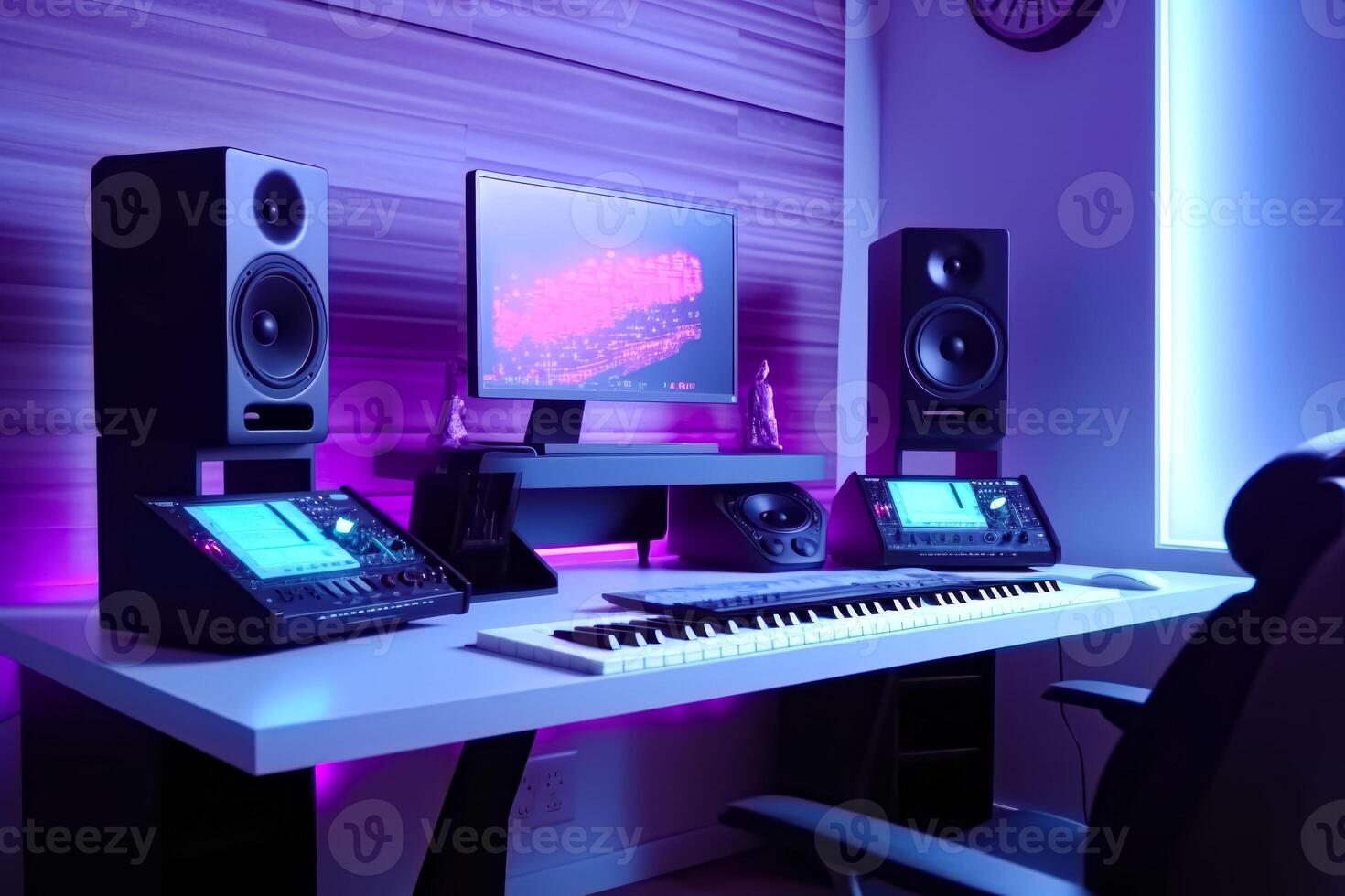Desk with keyboard, monitor, speakers and clock on it. photo
