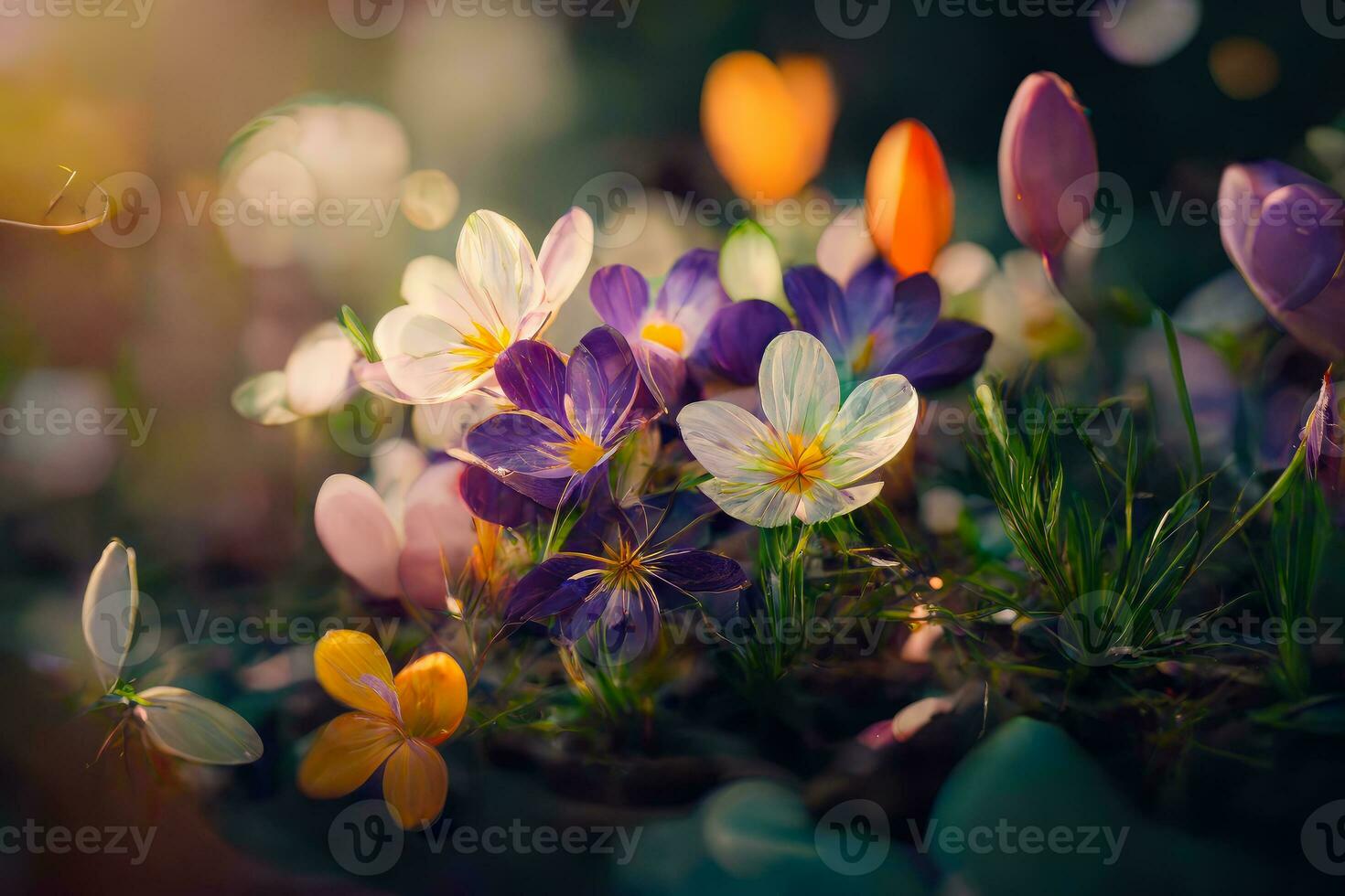 Crocus flowers in the sunlight with blurred background. Generative AI photo