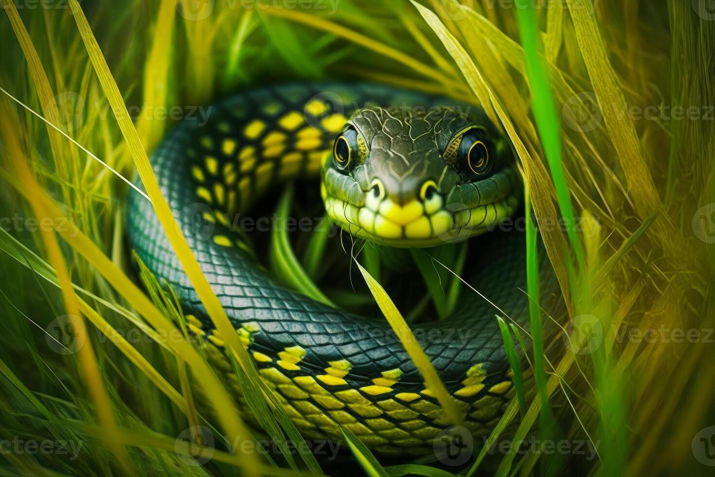 Close up of snake in grassy area with yellow stripe on it's head. Generative AI photo