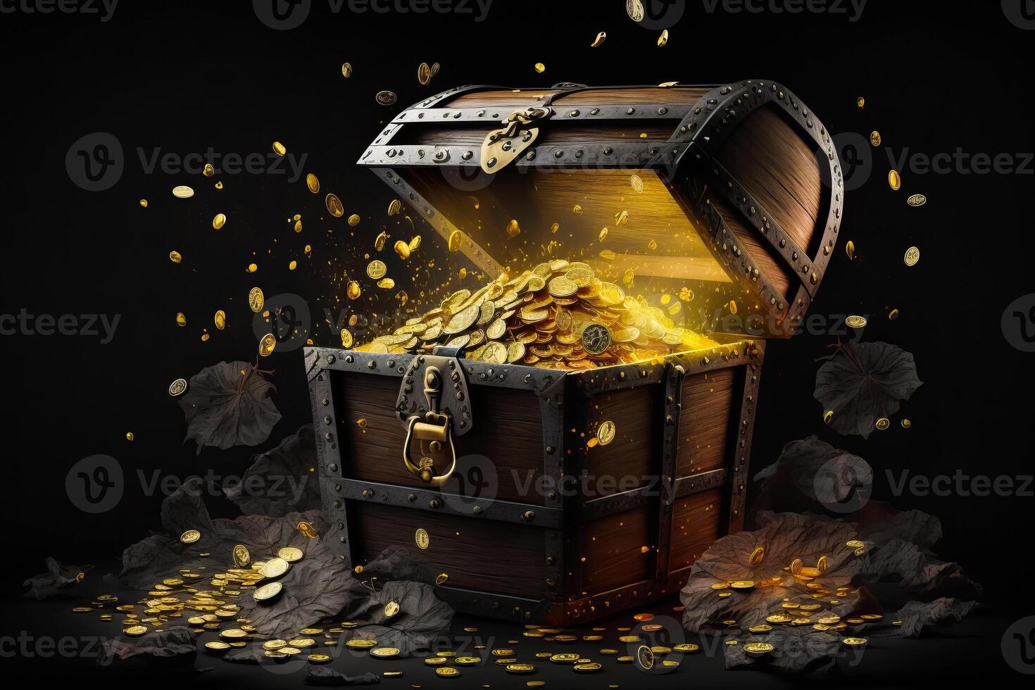 An open chest filled with gold coins on black background. photo