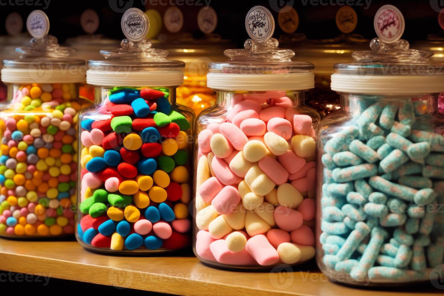 Row of glass jars filled with different colored marshmallows on top of wooden table. photo