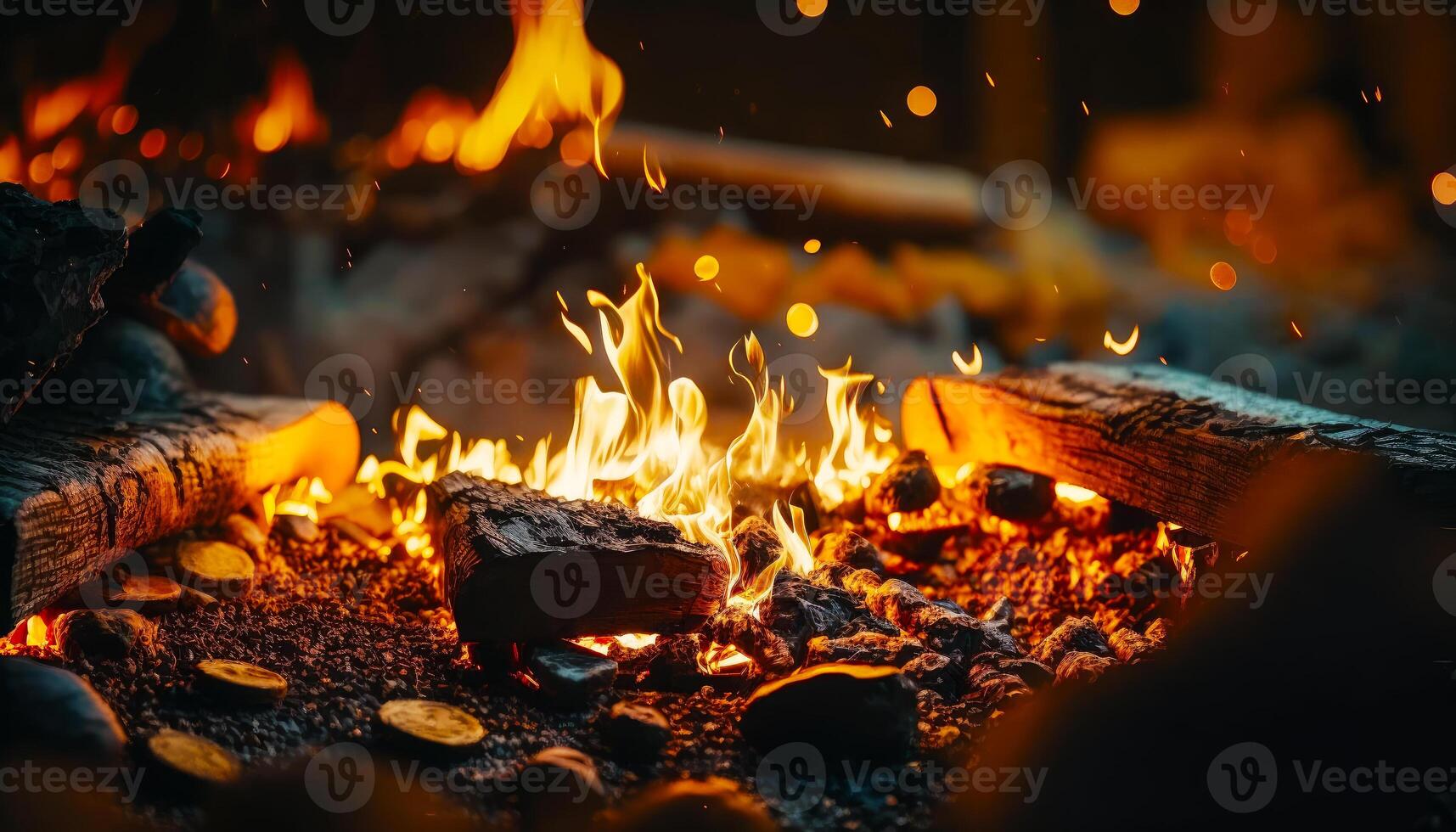 Close up of fire in grill with lots of flames coming out of it. photo