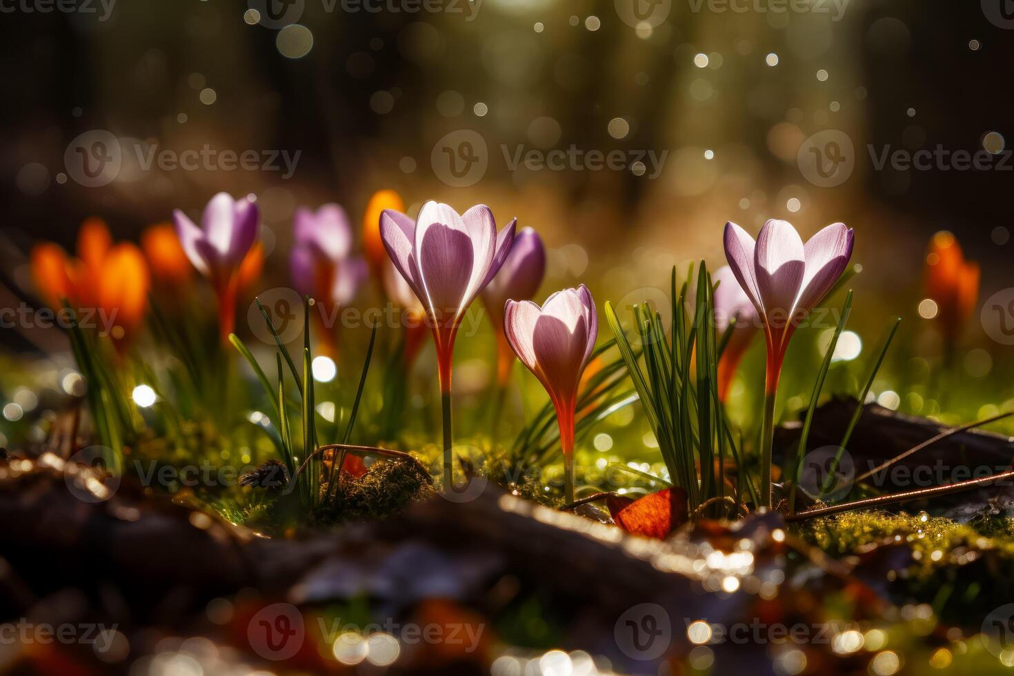 Group of purple flowers sitting on top of lush green field of grass. Generative AI photo