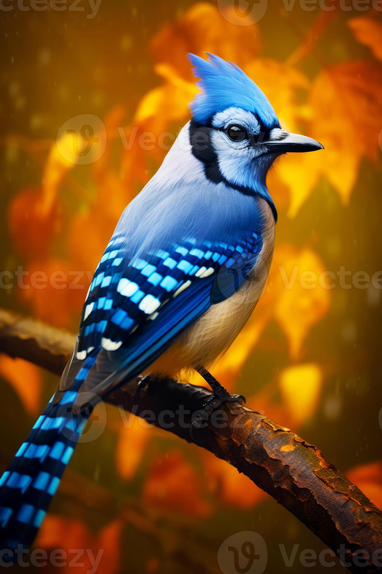 Blue and white bird sitting on branch in front of colorful background
