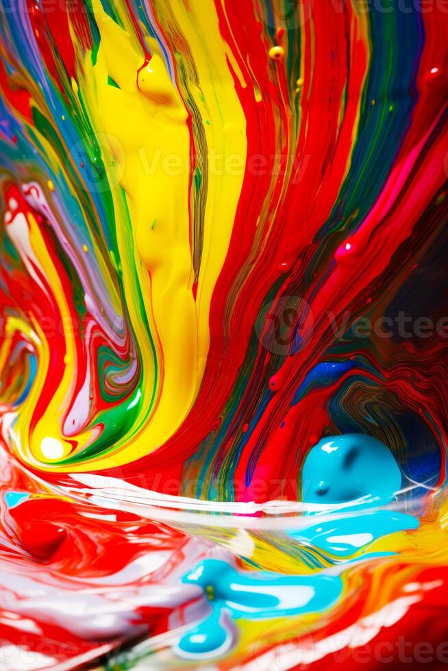 Close up of multicolored liquid pouring out of bottle. Generative AI photo