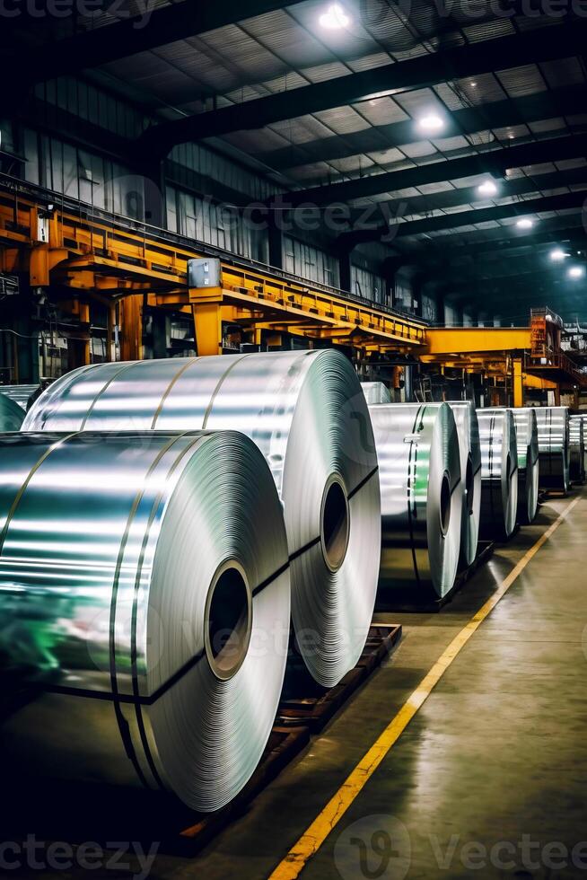 Rolls of steel in factory with conveyor belt in the background. photo