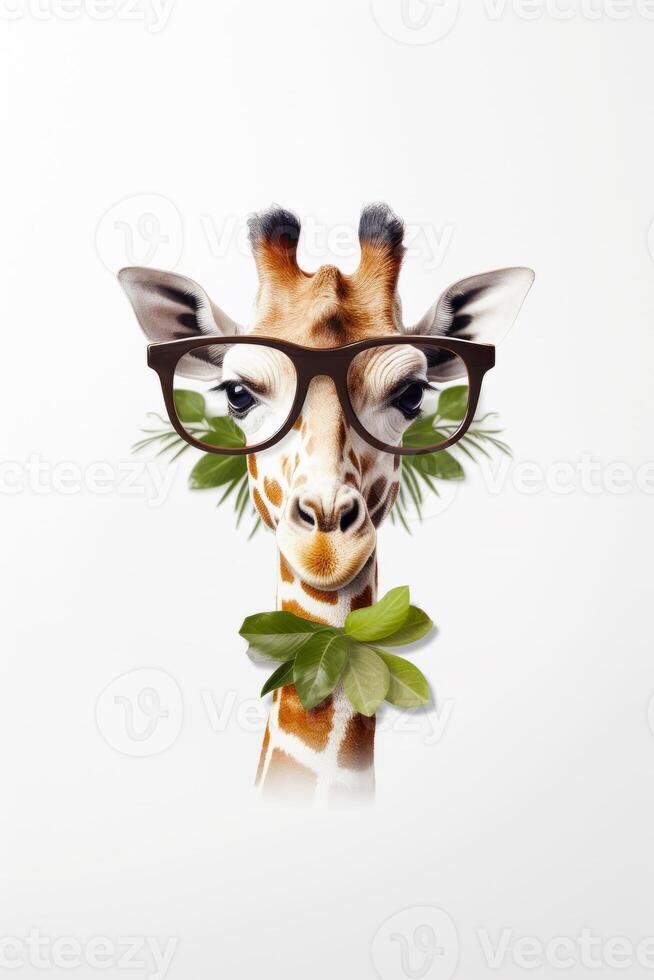 Giraffe with pair of glasses on it's head. photo