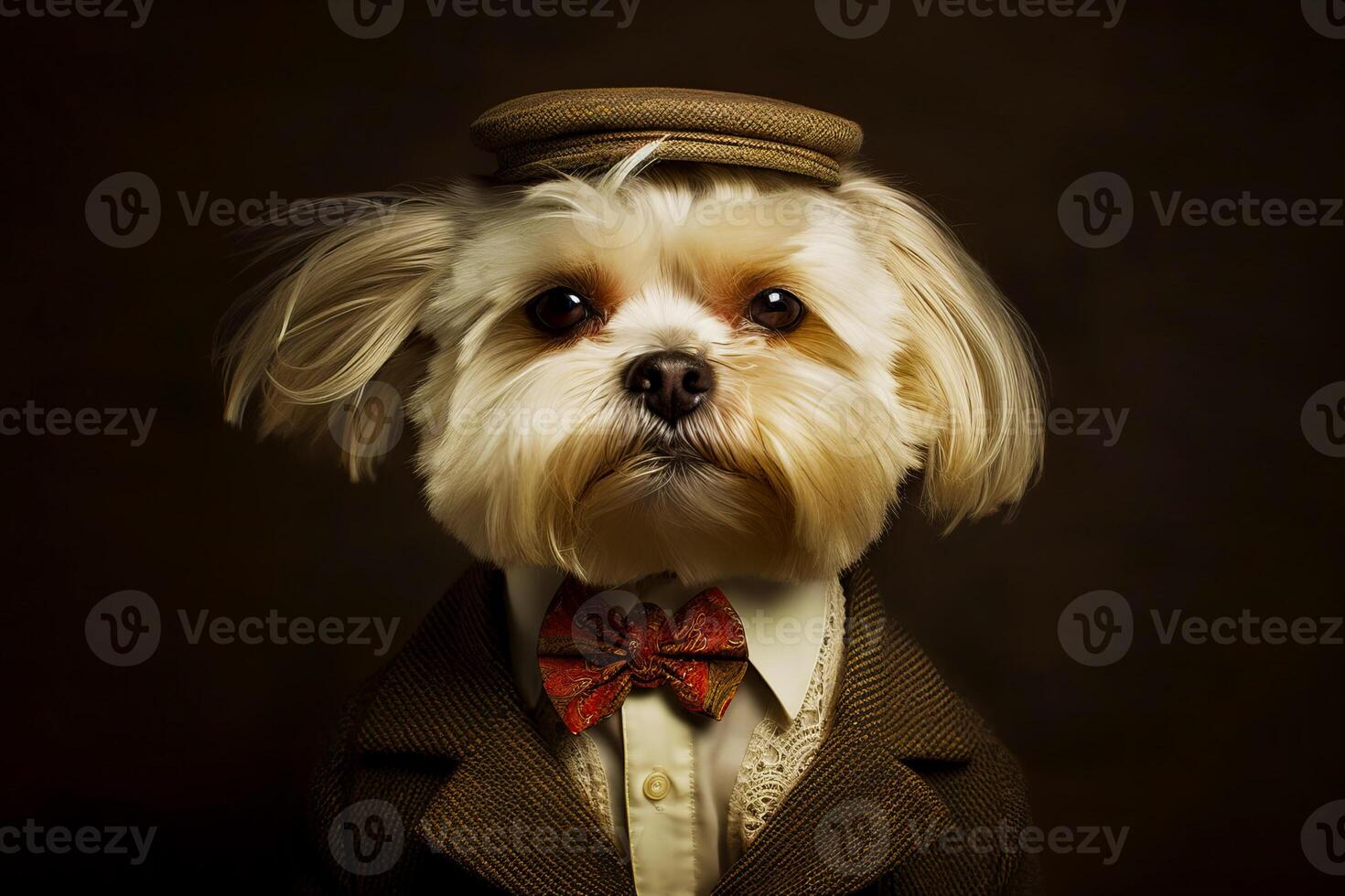 Small dog wearing suit and bow tie with hat on it's head. Generative AI photo