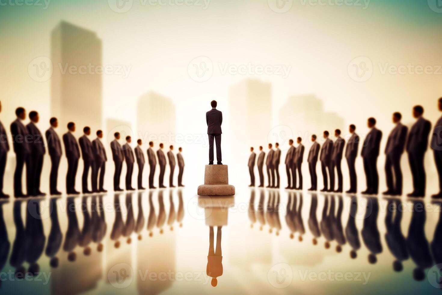 Group of people standing in front of mirror with man standing on top of it. photo