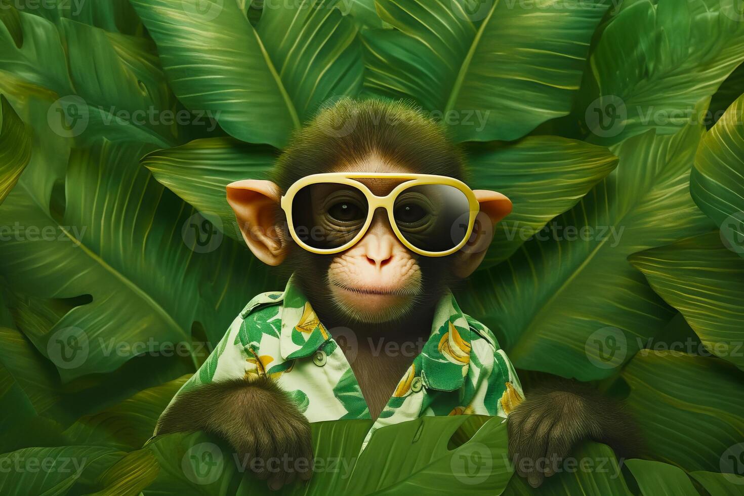 Monkey in shirt and sunglasses hiding behind green leafy background. Generative AI photo