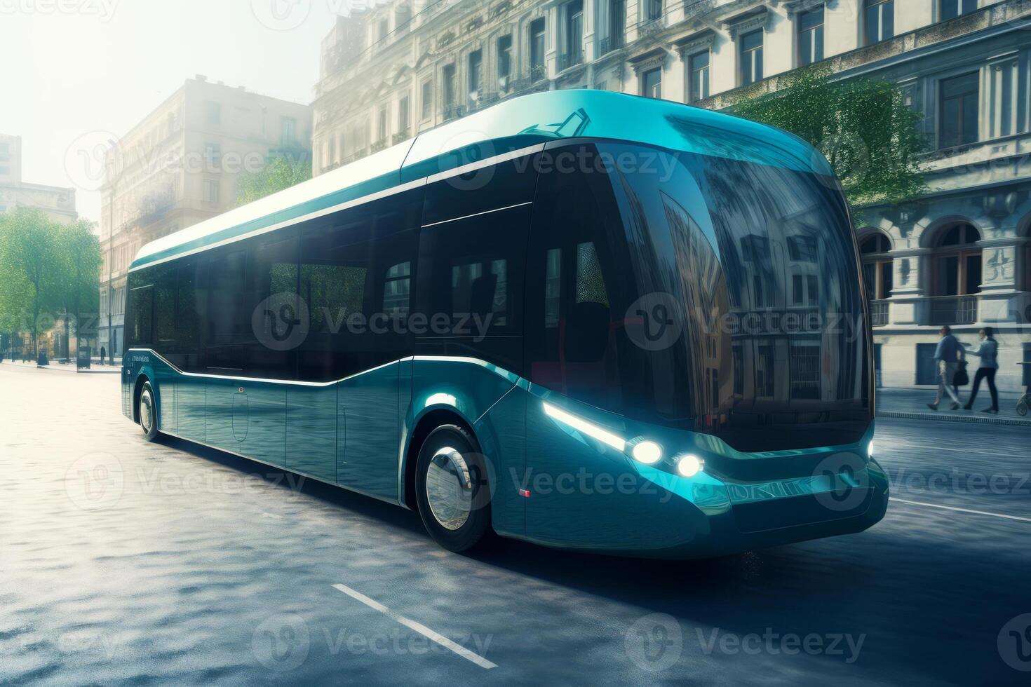 Blue bus driving down street next to tall building on sunny day. photo