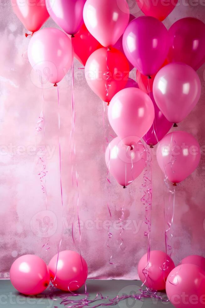 Bunch of pink and red balloons floating in the air with streamers. photo