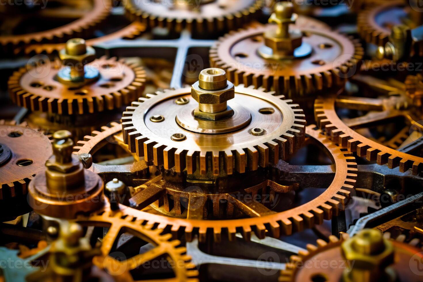 Close up of clock with many gears on it's face. photo
