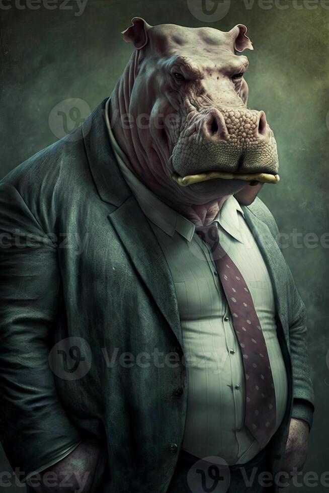 Man in suit and tie with hippopotamus in his mouth. Generative AI photo