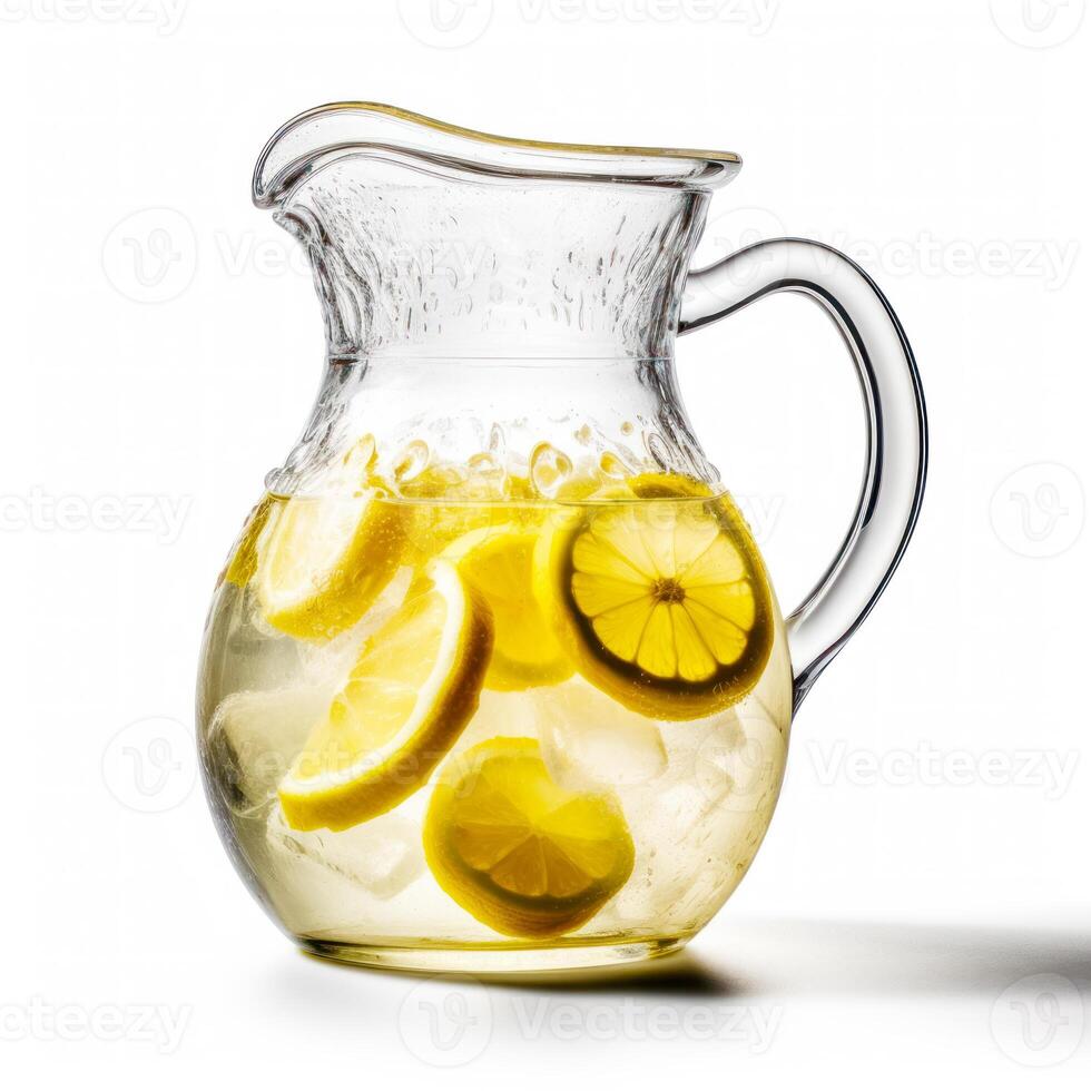 Pitcher of water with lemons and lemon wedges inside of it. photo