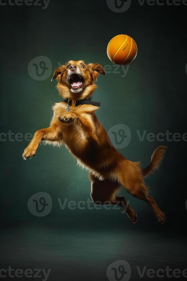 Dog jumping in the air with ball in it's mouth. Generative AI photo