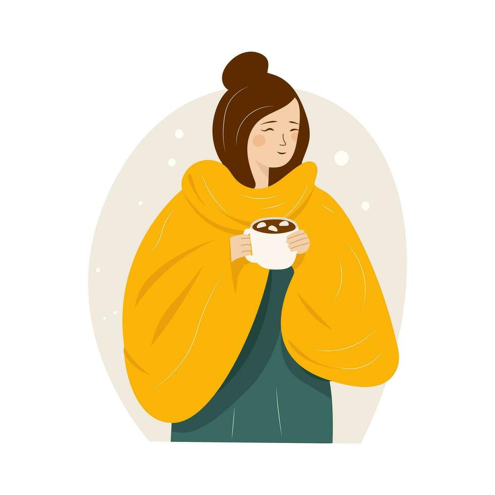 Woman character sitting cozy armchair, female drink warm coffee tea isolated on white, flat vector illustration. Winter and autumn mood state, person relax warm clothes soft seat place.