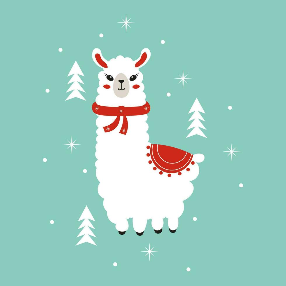 New Year's illustration of an alpaca in a scarf. Vector illustration for christmas postcard, t-shirt, design