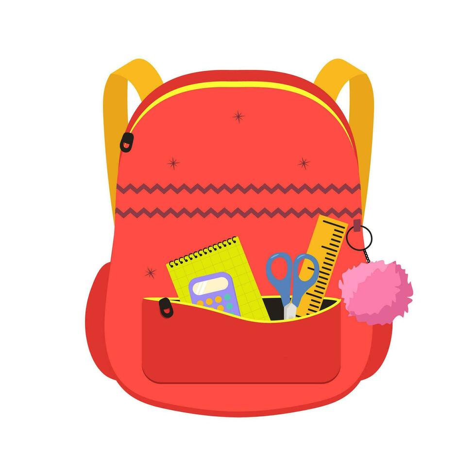 Colored school backpack. Education and study back to school, schoolbag luggage, rucksack vector illustration. Student satchels for web, site, advertising, banner, poster, brochure, board