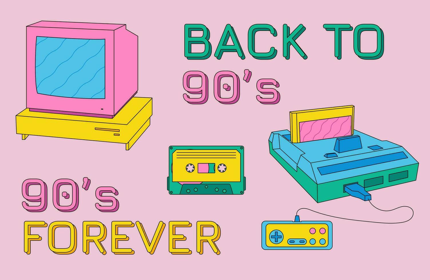 Set of retro games console, computer and cassette tape. 2000s style technology. Old style gadgets. Nostalgia set of 1990s, 2000s electronics devices. Retrowave style vector illustration