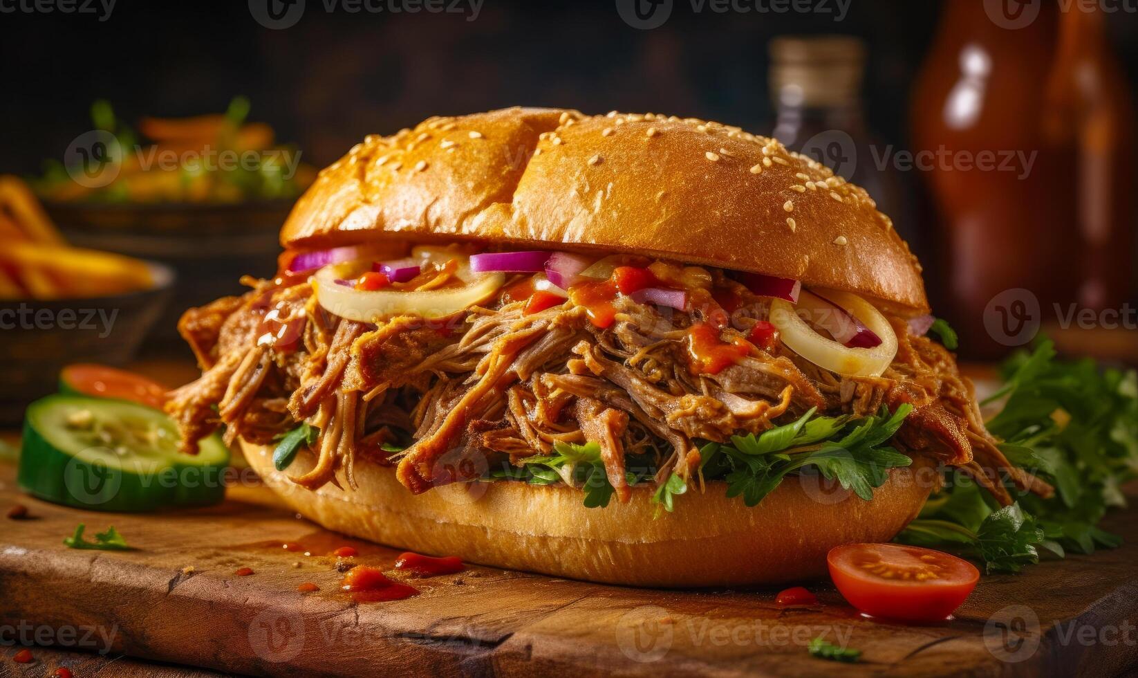 Pulled pork sandwich on wooden cutting board with tomato and lettuce. photo