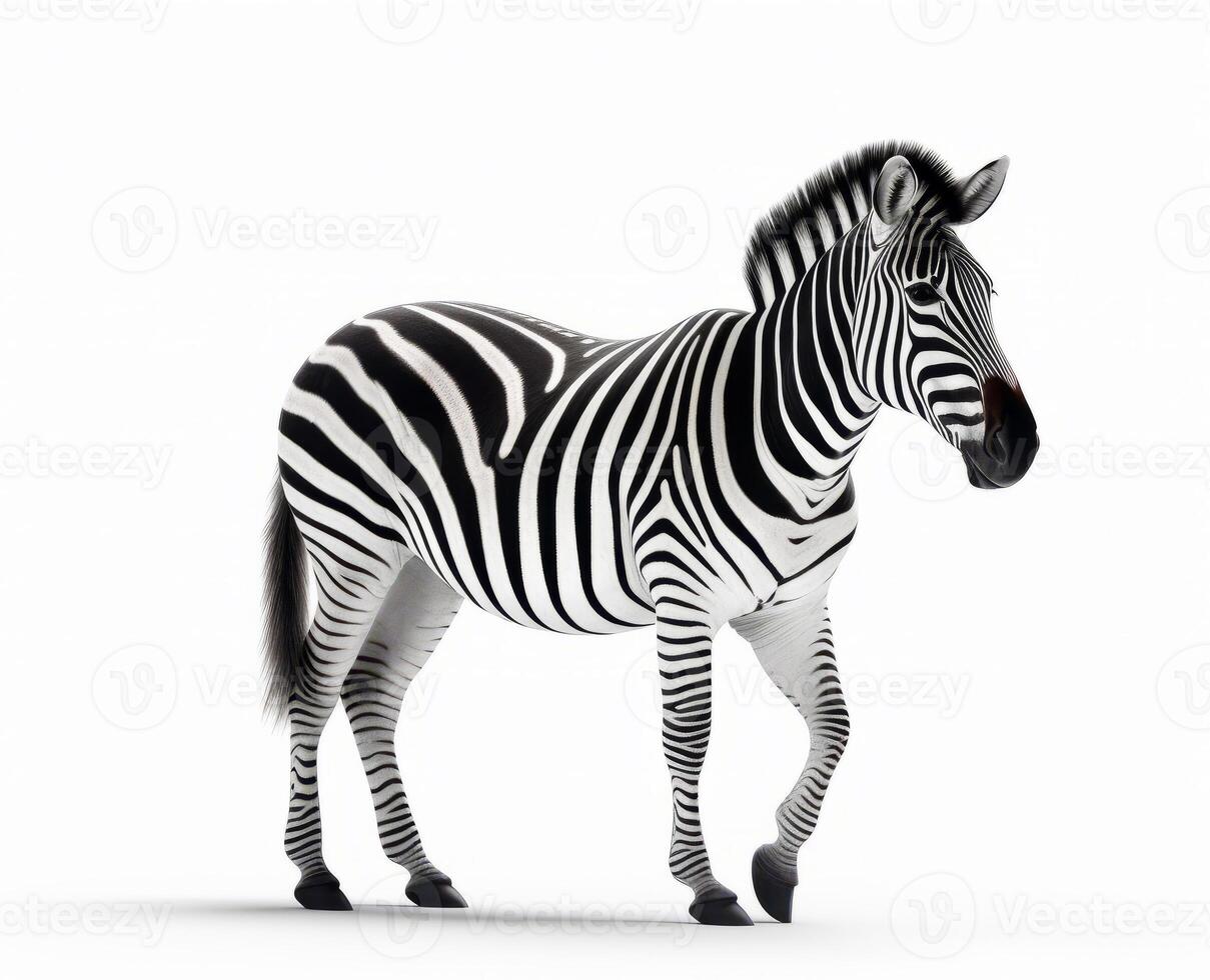 Zebra standing on white surface with its mouth open and tongue out. photo