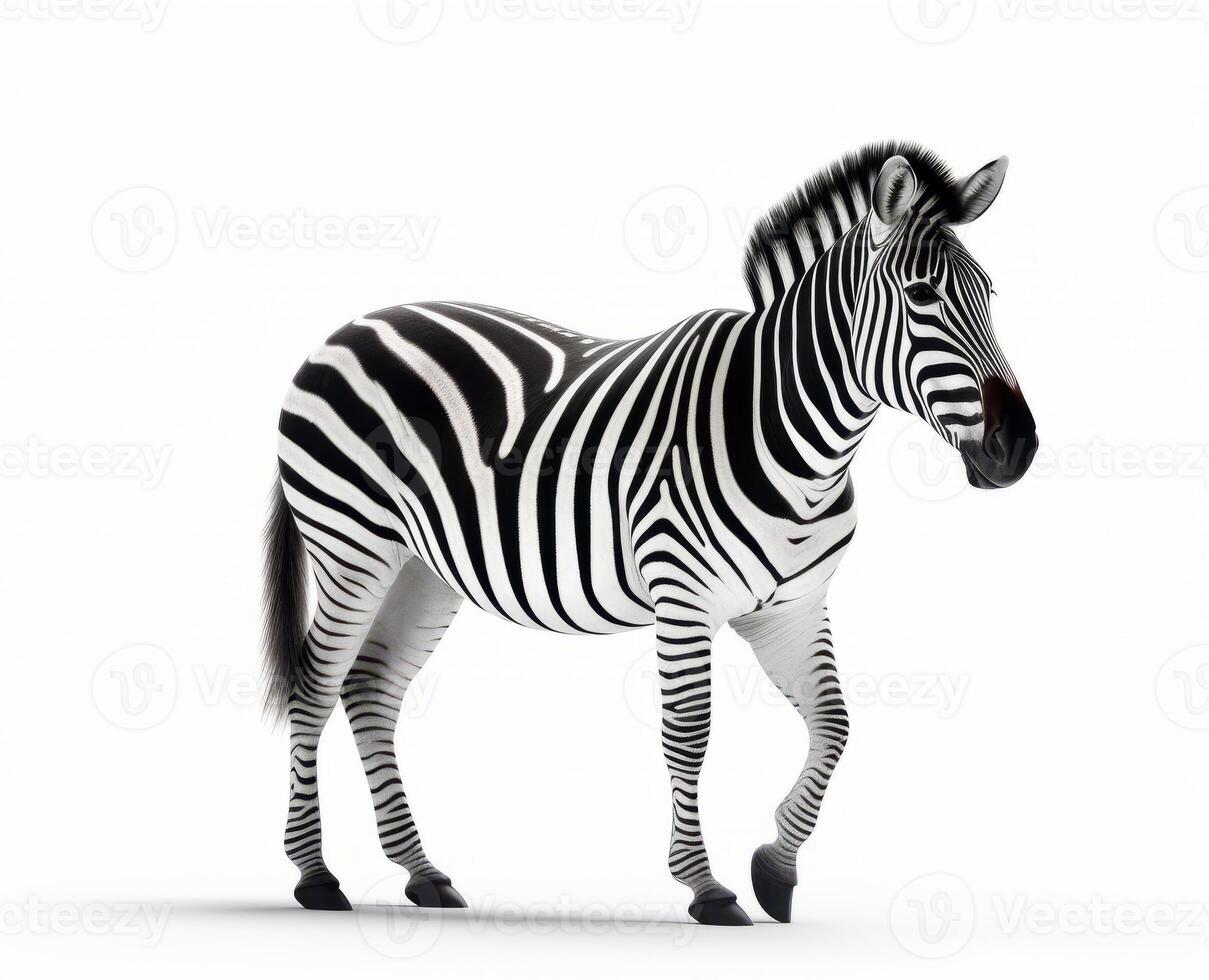 Zebra standing on white surface with its mouth open and tongue out. Generative AI photo