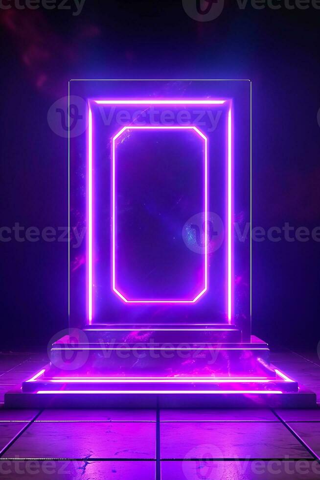 Purple neon frame on black background with square in the center. Generative AI photo