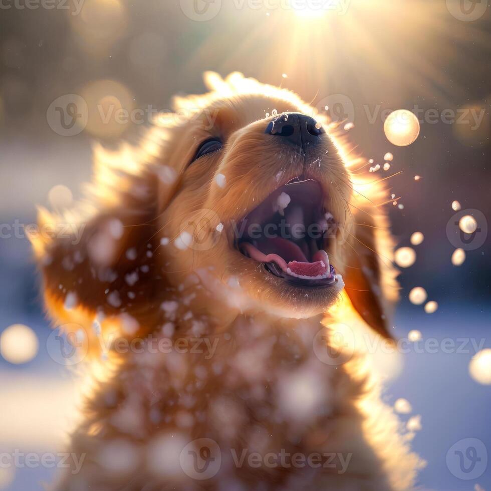 Golden retriever with its mouth open in the snow. Generative AI photo