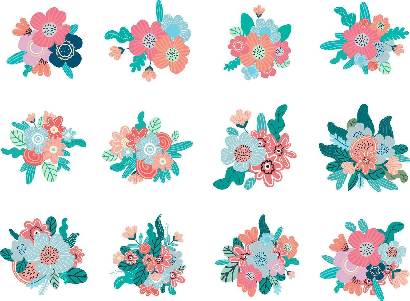 A collection of bright floral bouquets of field and garden flowers. Delicate Floral Arrangement vector