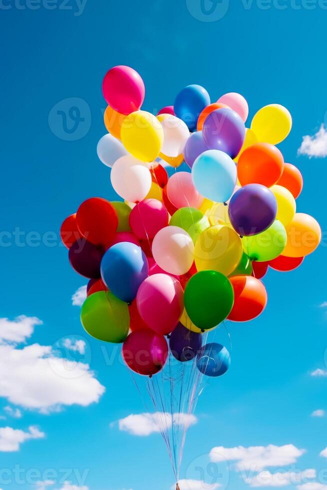 Bunch of colorful balloons floating in the air with blue sky in the background. Generative AI photo