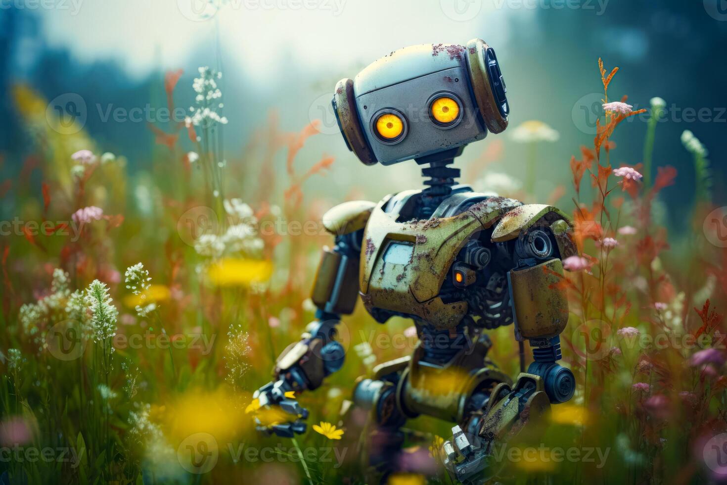 Robot standing in field of wildflowers with glowing yellow eyes. Generative AI photo