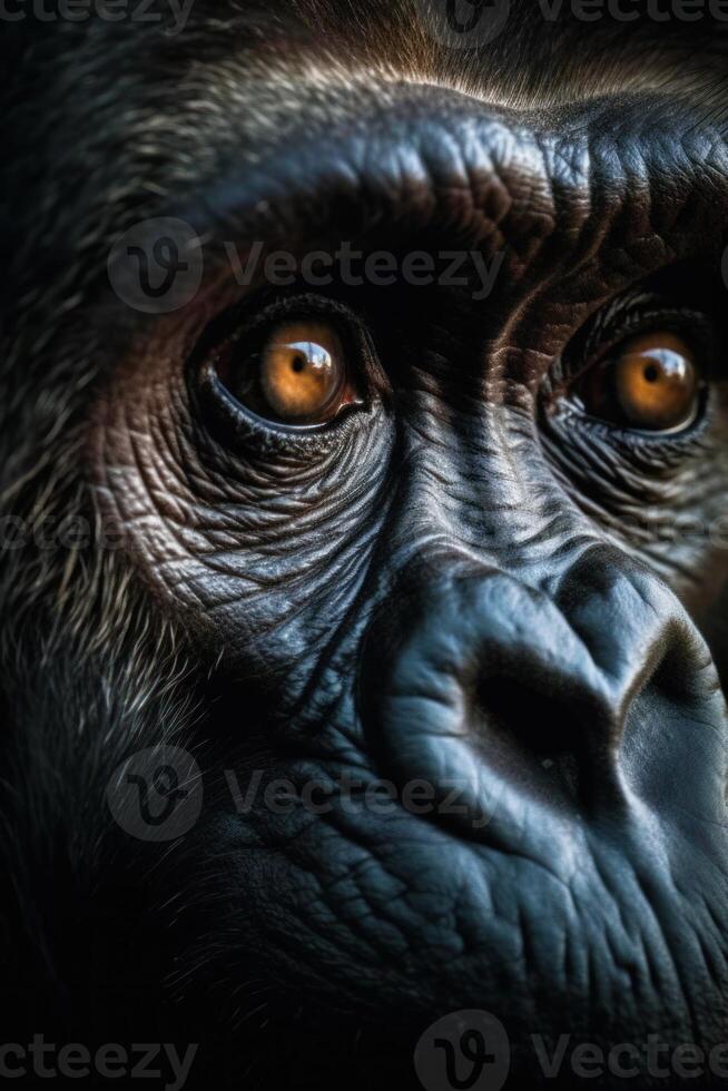 Close up of monkey's face with very intense look. Generative AI photo