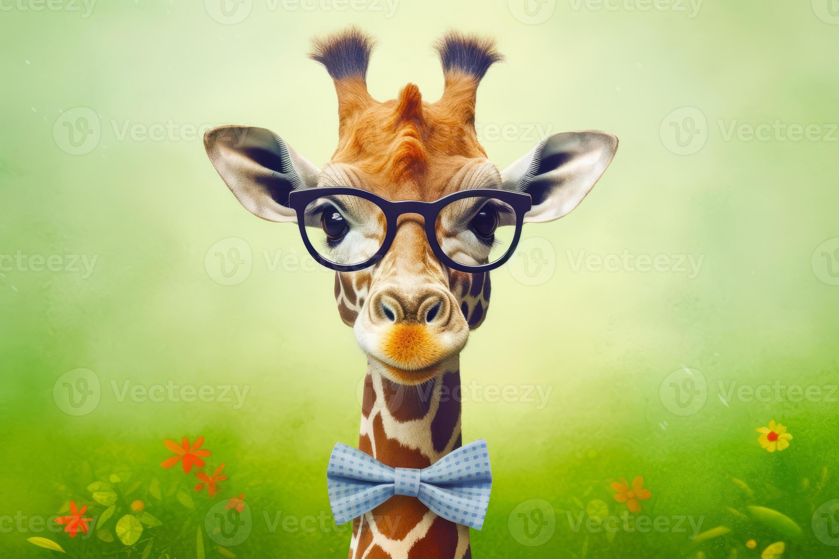 Image of giraffe wearing glasses and blue bow tie. Generative AI