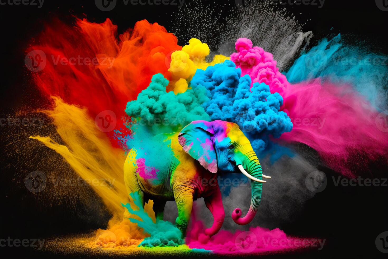 Colorful elephant standing in front of black background with colored smoke coming out of it. photo