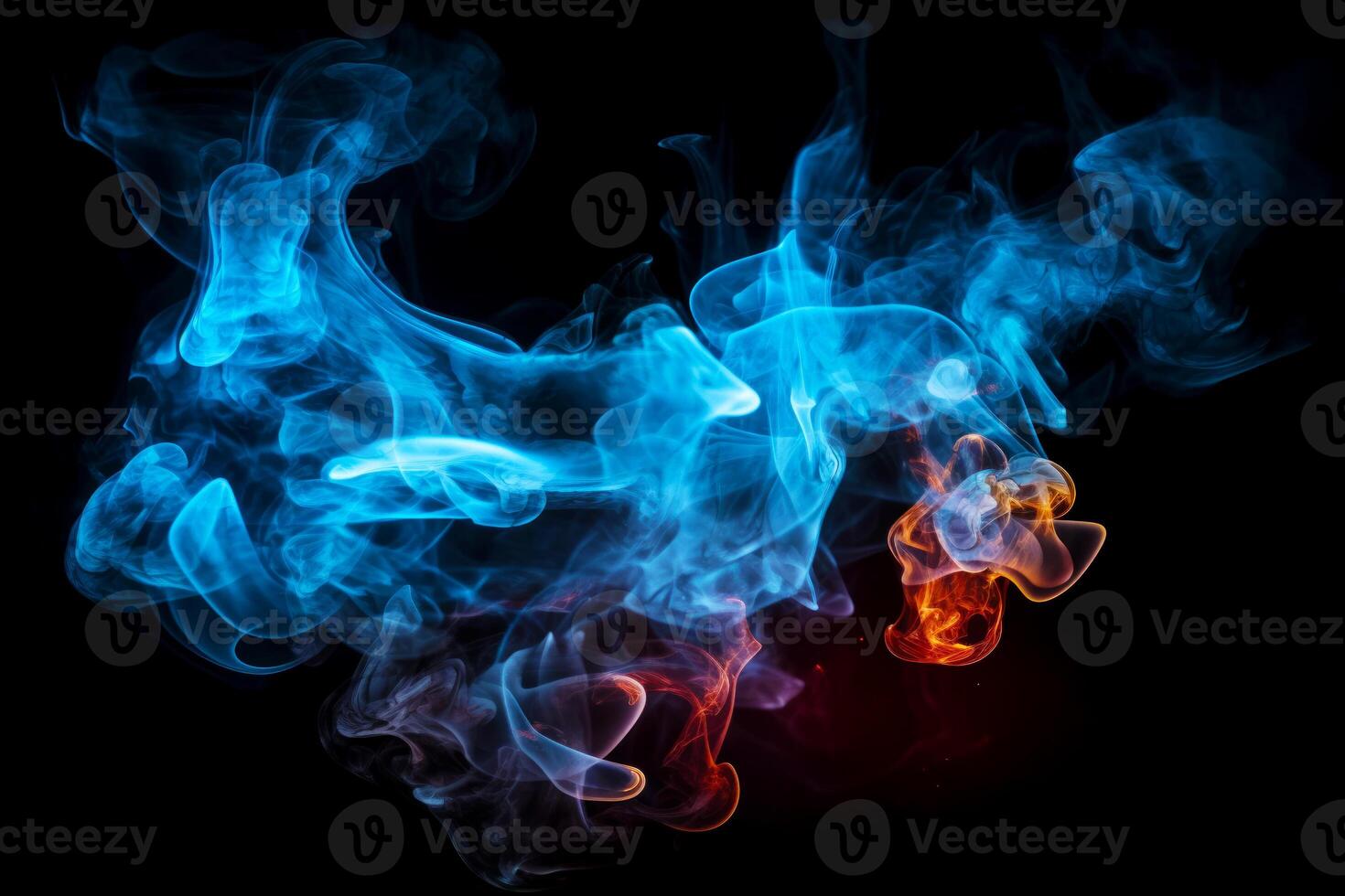 Blue and red smoke on black background with red light behind it. photo