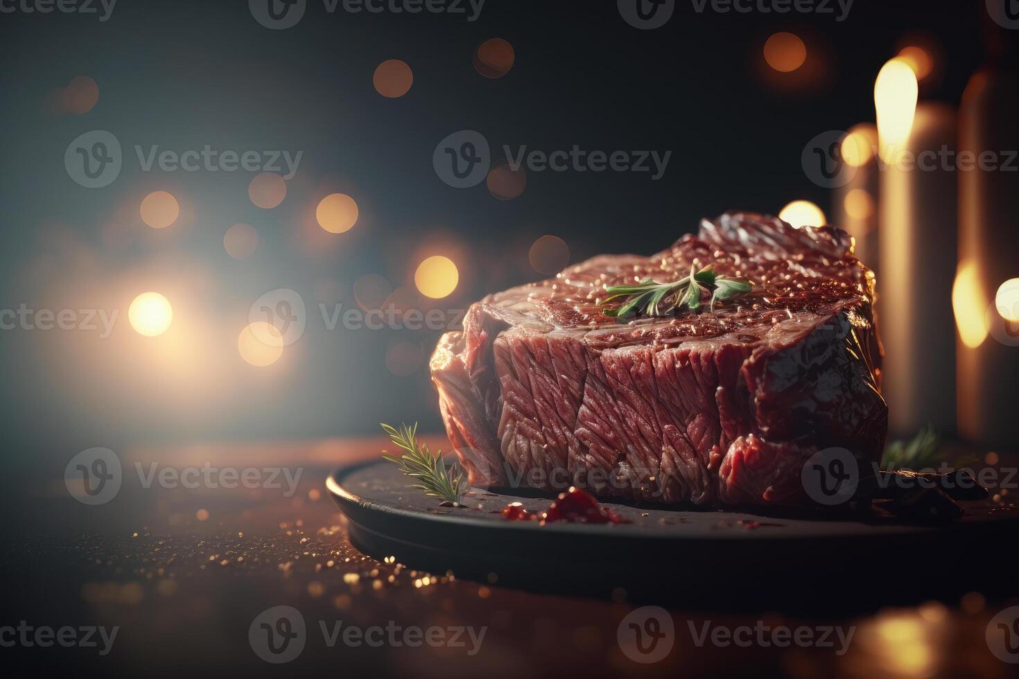 Steak on plate with candles in the background. Generative AI photo