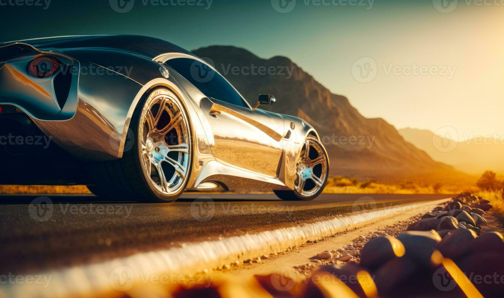 plata Deportes coche conducción en la carretera en el medio de Desierto con montañas en el antecedentes. generativo ai foto