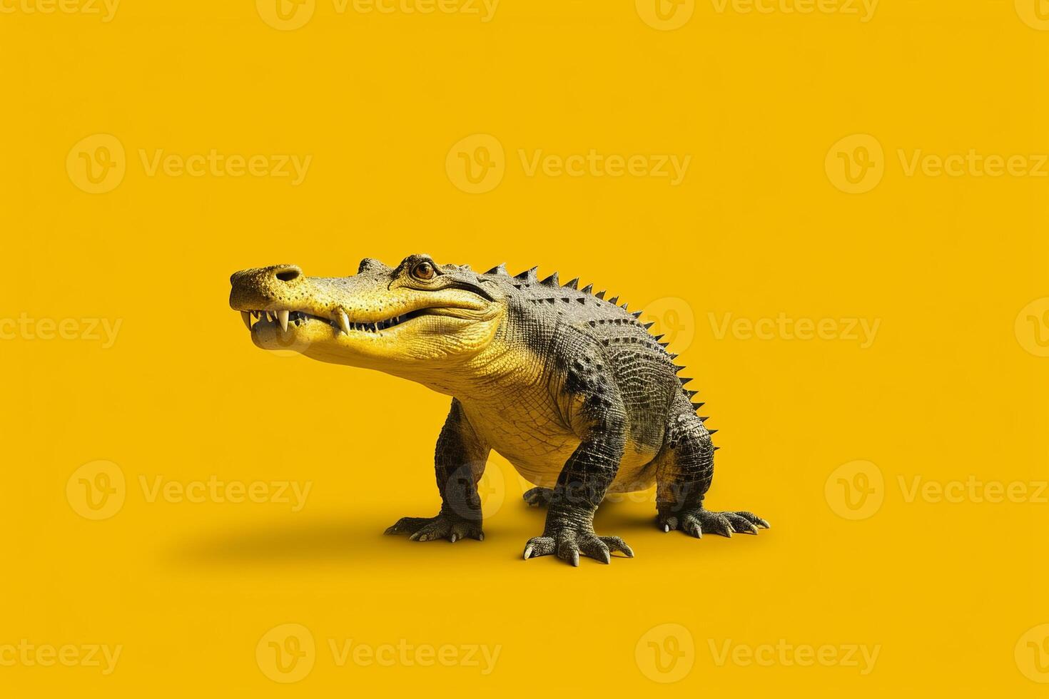 Large alligator standing on top of yellow floor next to yellow wall. photo